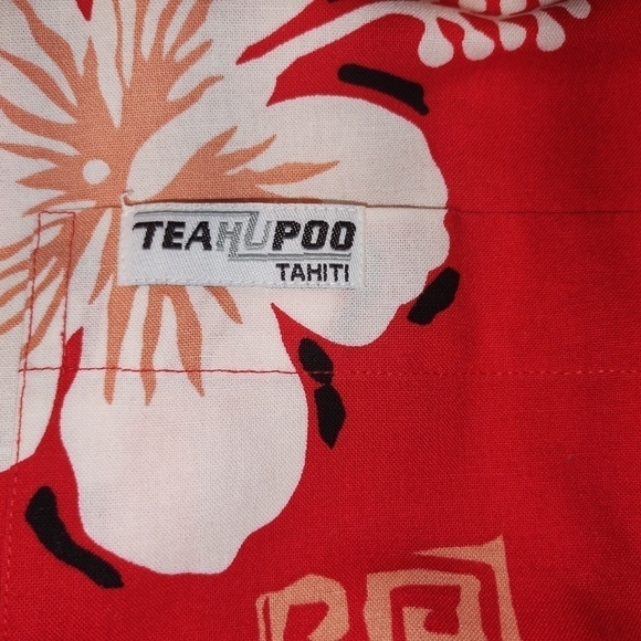 Teahupoo Tahiti Hawaiian island floral short sleeves button red shirt Size: 2XL - Picture 5 of 6